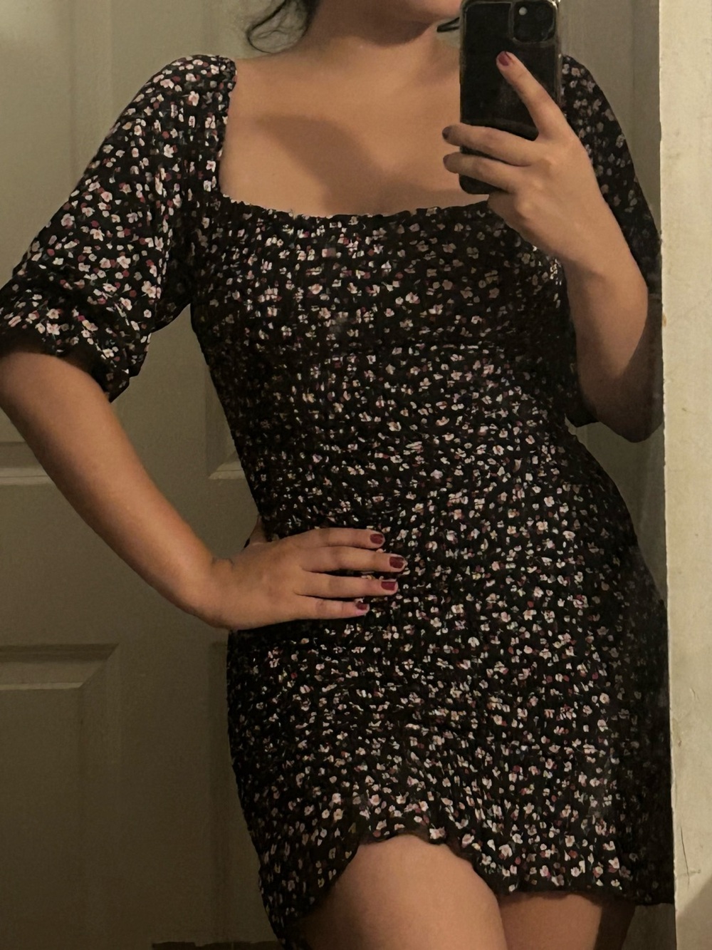 Black Floral Smocked Mini Dress